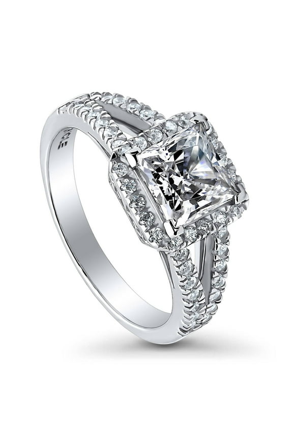 Sterling Silver Halo Wedding Engagement Rings Princess Cut Cubic Zirconia CZ Promise Split Shank Ring for Women, Rhodium Plated Size 5.5