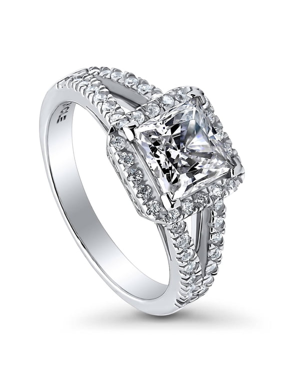 Sterling Silver Halo Wedding Engagement Rings Princess Cut Cubic Zirconia CZ Promise Split Shank Ring for Women, Rhodium Plated Size 8.5
