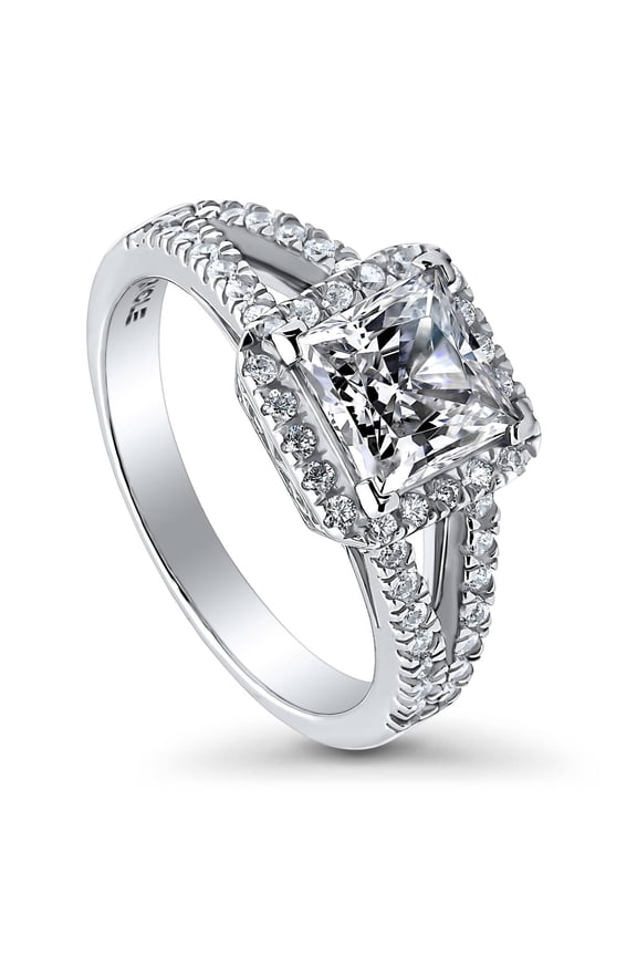 Sterling Silver Halo Wedding Engagement Rings Princess Cut Cubic Zirconia CZ Promise Split Shank Ring for Women, Rhodium Plated Size 8