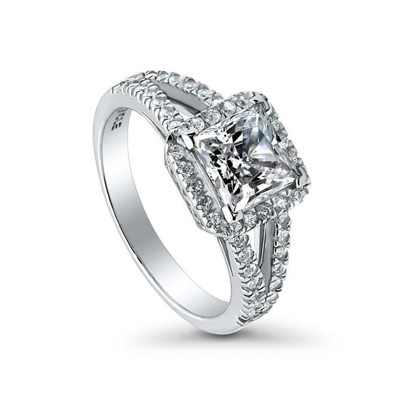BERRICLE Sterling Silver Halo Wedding Engagement Rings Princess Cut Cubic Zirconia CZ Promise Split Shank Ring for Women, Rhodium Plated Size 9