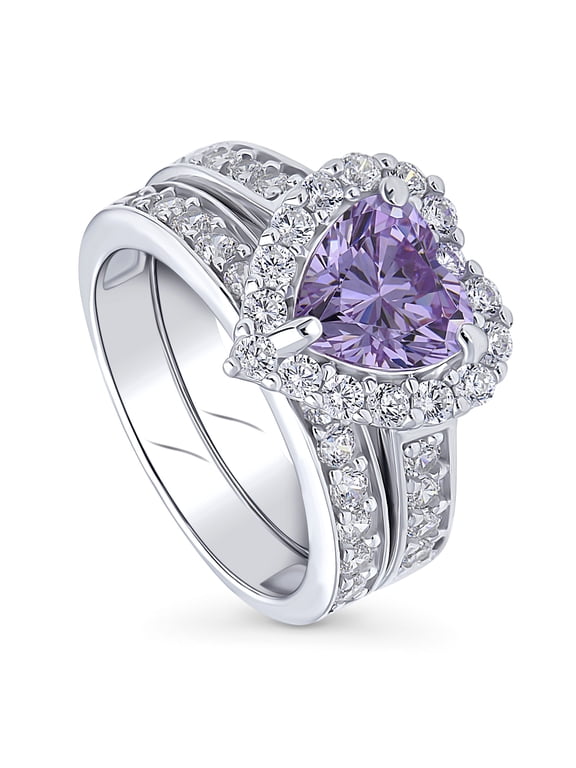 Sterling Silver Halo Wedding Engagement Rings Purple Heart Shaped Cubic Zirconia CZ Statement Heart Ring Set for Women, Rhodium Plated Size 10