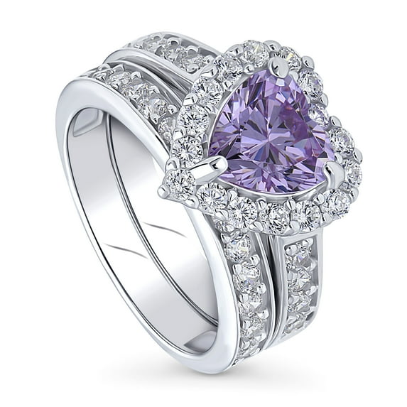 BERRICLE Sterling Silver Halo Wedding Engagement Rings Purple Heart Shaped Cubic Zirconia CZ Statement Heart Ring Set for Women, Rhodium Plated Size 5