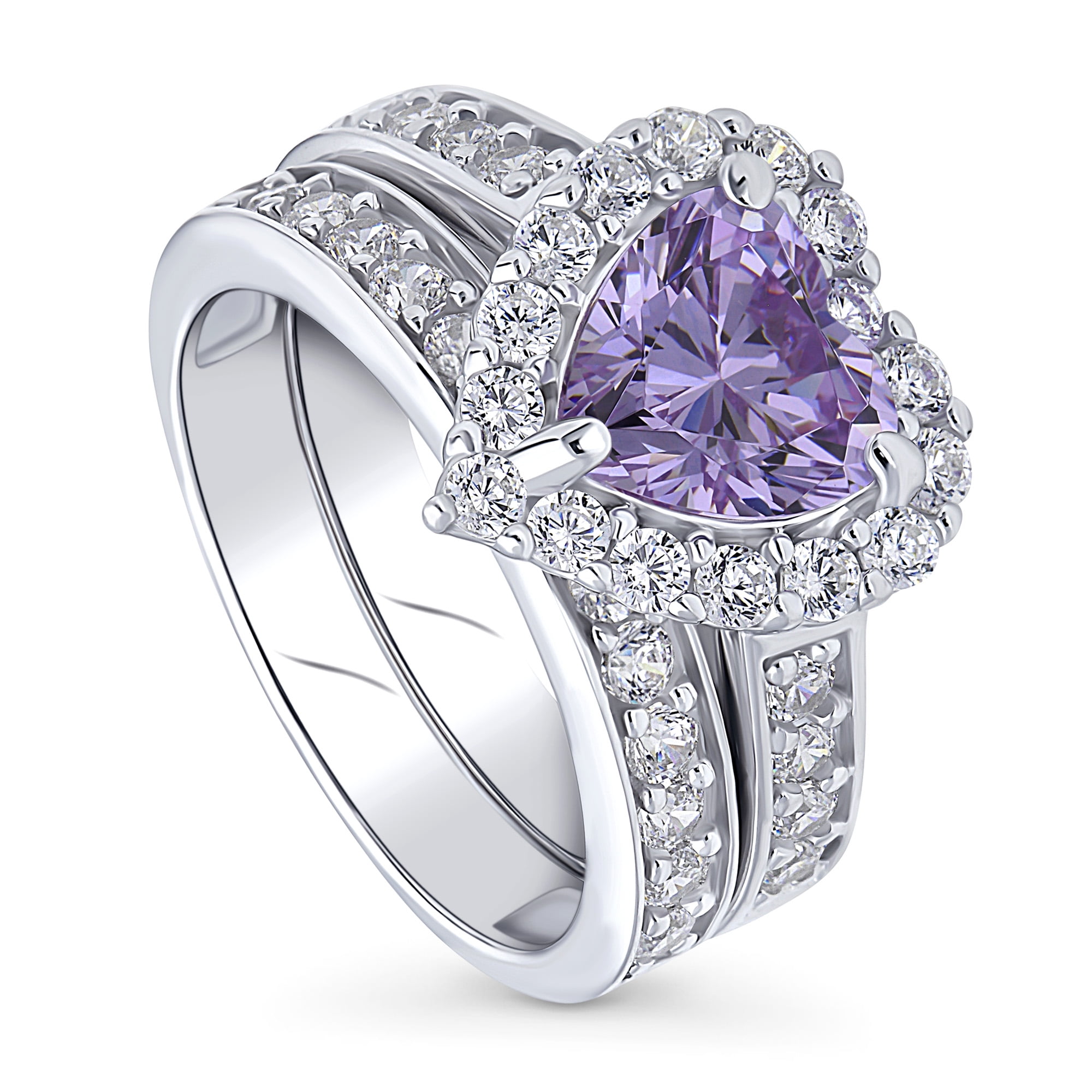 BERRICLE Sterling Silver Halo Wedding Engagement Rings Purple Heart Shaped Cubic Zirconia CZ Statement Heart Ring Set for Women, Rhodium Plated Size 7