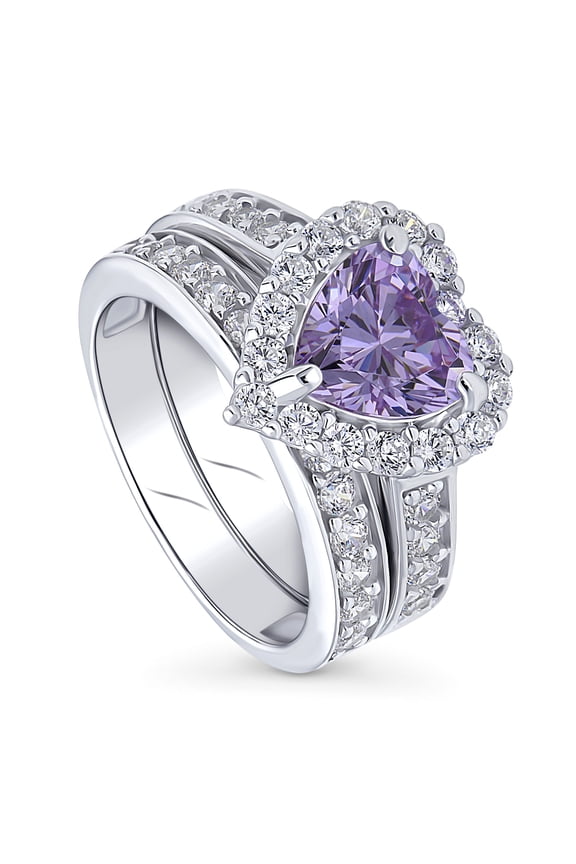 Sterling Silver Halo Wedding Engagement Rings Purple Heart Shaped Cubic Zirconia CZ Statement Heart Ring Set for Women, Rhodium Plated Size 8