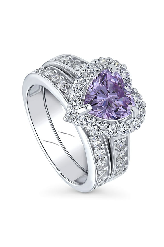 Sterling Silver Halo Wedding Engagement Rings Purple Heart Shaped Cubic Zirconia CZ Statement Heart Ring Set for Women, Rhodium Plated Size 9