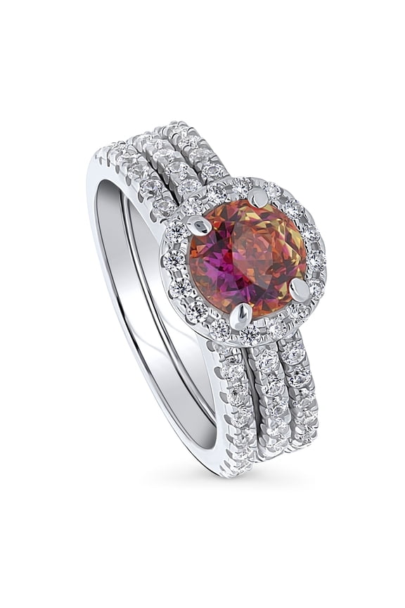 Sterling Silver Halo Wedding Engagement Rings Red Orange Round Cut Cubic Zirconia CZ Kaleidoscope Ring Set for Women, Rhodium Plated Size 8