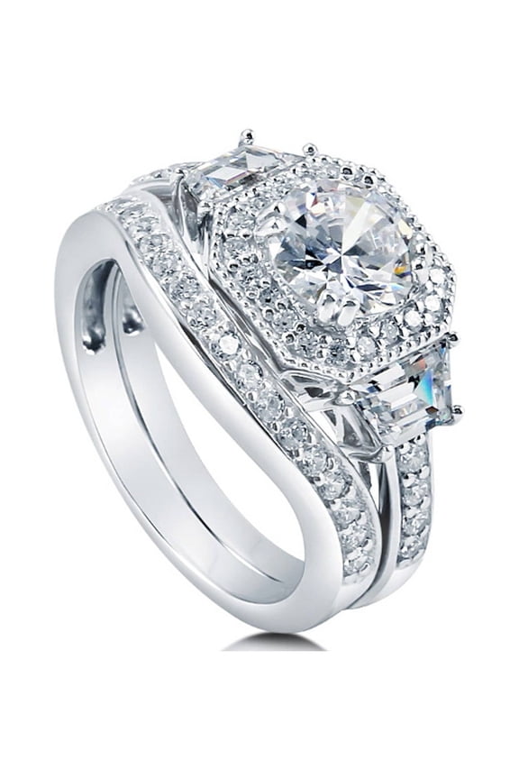 Sterling Silver Halo Wedding Engagement Rings Round Cut Cubic Zirconia CZ Vintage Inspired Art Deco Ring Set for Women, Rhodium Plated Size 10