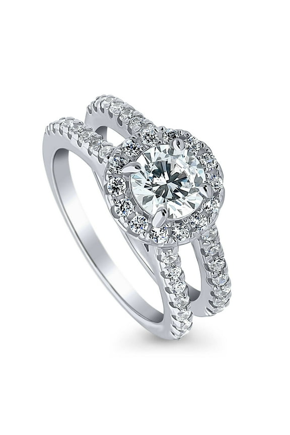 Sterling Silver Halo Wedding Engagement Rings Round Cubic Zirconia CZ Ring for Women, Rhodium Plated Size 9