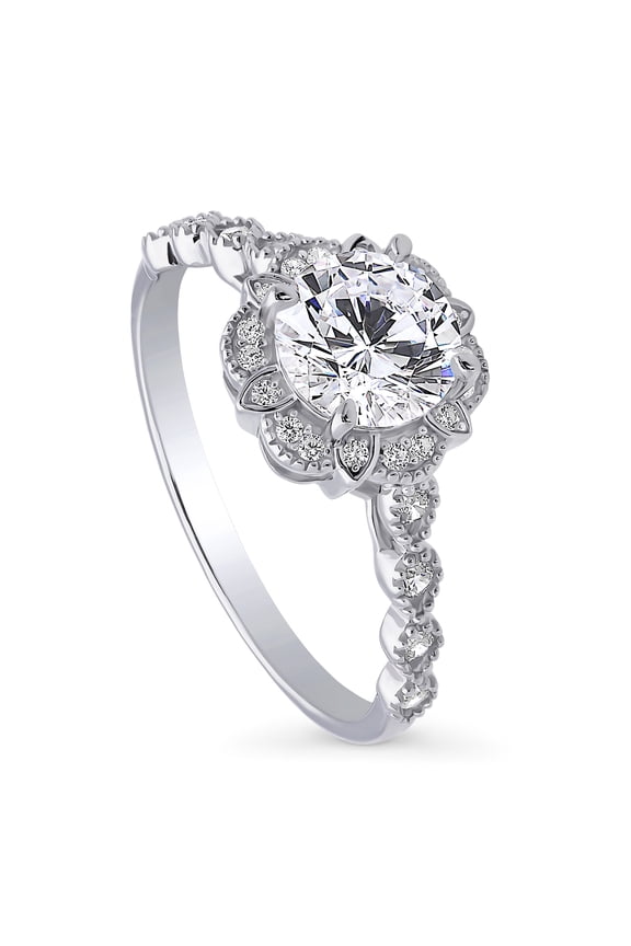 Sterling Silver Halo Wedding Engagement Rings Round Cut Cubic Zirconia CZ Flower Promise Ring for Women, Rhodium Plated Size 7