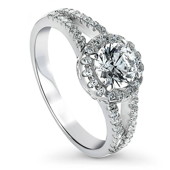 BERRICLE Sterling Silver Halo Wedding Engagement Rings Round Cut Cubic Zirconia CZ Promise Split Shank Ring for Women, Rhodium Plated Size 8.5