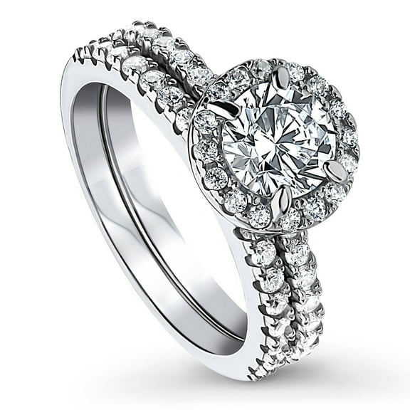 BERRICLE Sterling Silver Halo Wedding Engagement Rings Round Cut Cubic Zirconia CZ Ring Set for Women, Rhodium Plated Size 9.5
