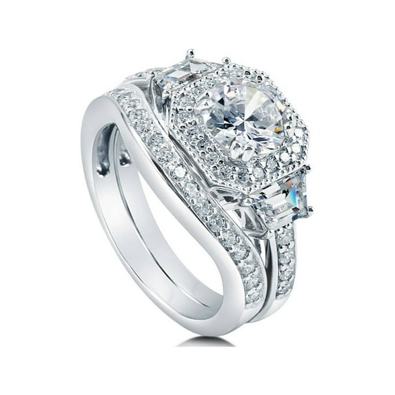 BERRICLE Sterling Silver Halo Wedding Engagement Rings Round Cut Cubic Zirconia CZ Vintage Inspired Art Deco Ring Set for Women, Rhodium Plated Size 8.5