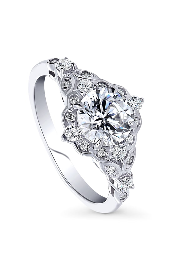 Sterling Silver Halo Wedding Engagement Rings Round Cut Cubic Zirconia CZ Vintage Inspired Art Deco Ring for Women, Rhodium Plated Size 5