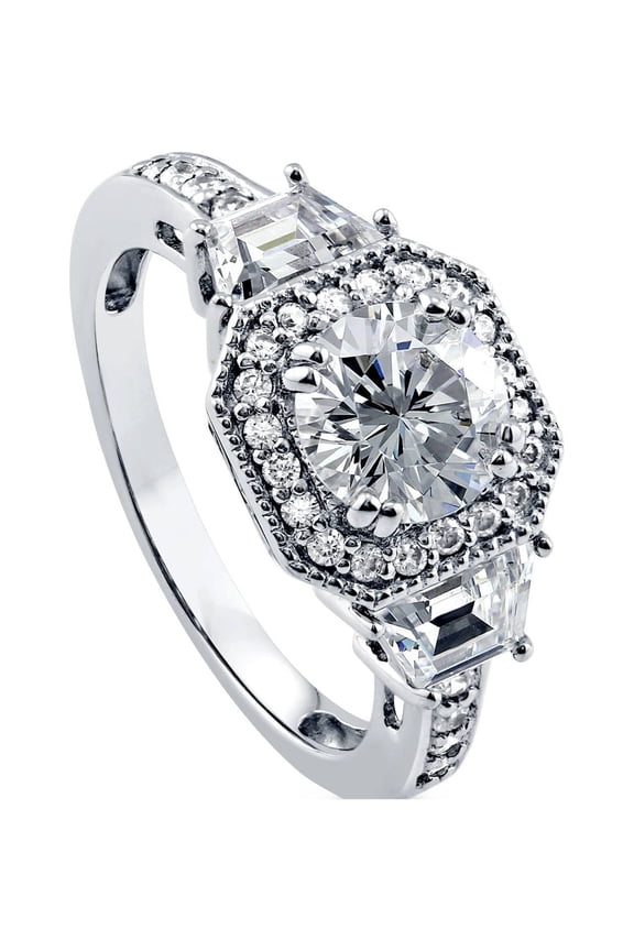 Sterling Silver Halo Wedding Engagement Rings Round Cut Cubic Zirconia CZ Vintage Inspired Art Deco Ring for Women, Rhodium Plated Size 5