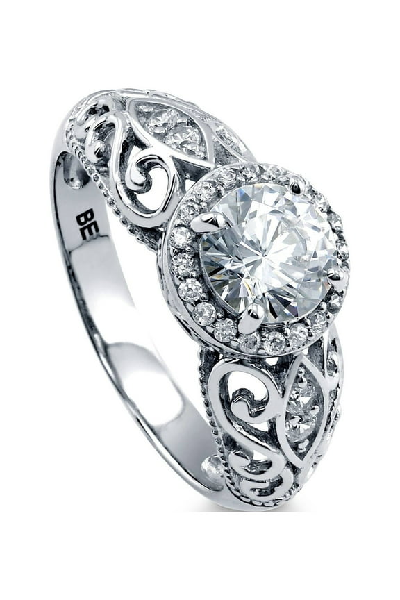 Sterling Silver Halo Wedding Engagement Rings Round Cut Cubic Zirconia CZ Vintage Inspired Art Deco Ring for Women, Rhodium Plated Size 6.5