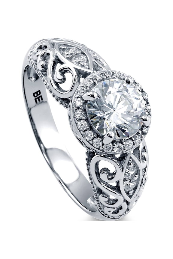 Sterling Silver Halo Wedding Engagement Rings Round Cut Cubic Zirconia CZ Vintage Inspired Art Deco Ring for Women, Rhodium Plated Size 8.5