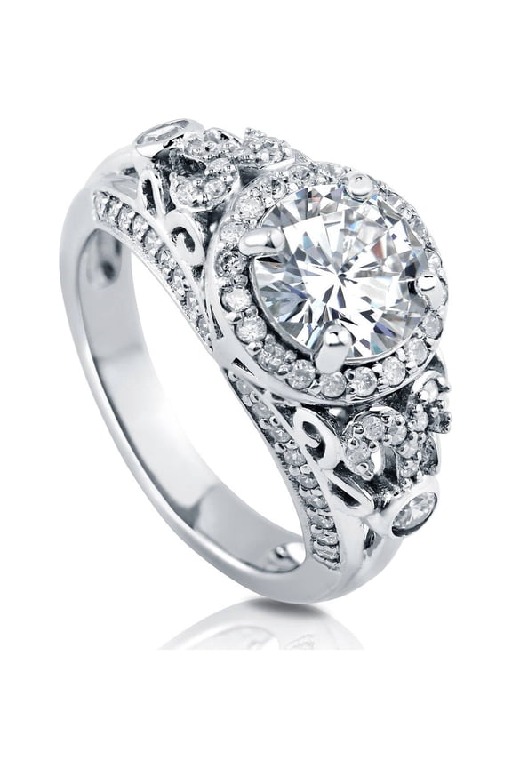 Sterling Silver Halo Wedding Engagement Rings Round Cut Cubic Zirconia CZ Vintage Inspired Art Deco Ring for Women, Rhodium Plated Size 8