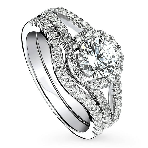 BERRICLE Sterling Silver Halo Wedding Engagement Rings Round Cut Cubic Zirconia CZ Wishbone Split Shank Ring Set for Women, Rhodium Plated Size 5