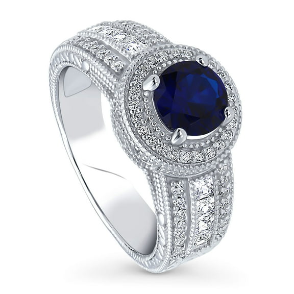 BERRICLE Sterling Silver Halo Wedding Engagement Rings Simulated Blue Sapphire Round Cut Cubic Zirconia CZ Statement Milgrain Cocktail Ring for Unisex, Rhodium Plated Size 5.5