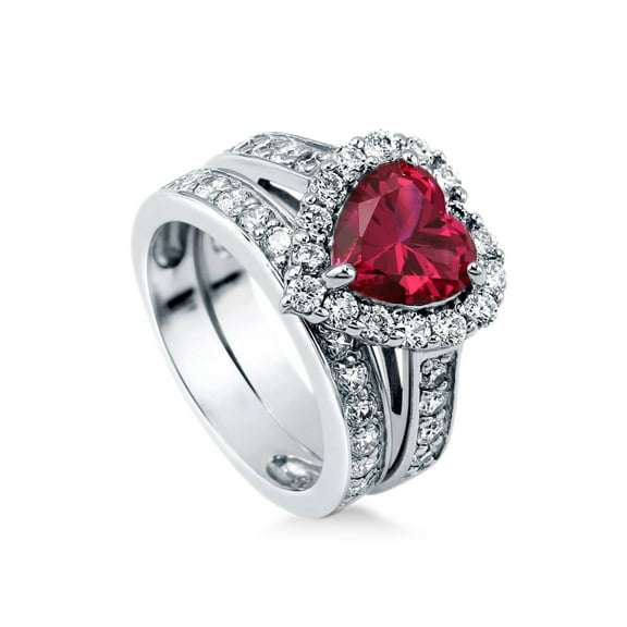 BERRICLE Sterling Silver Halo Wedding Engagement Rings Simulated Ruby Heart Shaped Cubic Zirconia CZ Statement Heart Ring Set for Women, Rhodium Plated Size 8