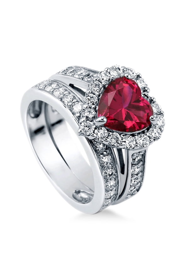 Sterling Silver Halo Wedding Engagement Rings Simulated Ruby Heart Shaped Cubic Zirconia CZ Statement Heart Ring Set for Women, Rhodium Plated Size 8