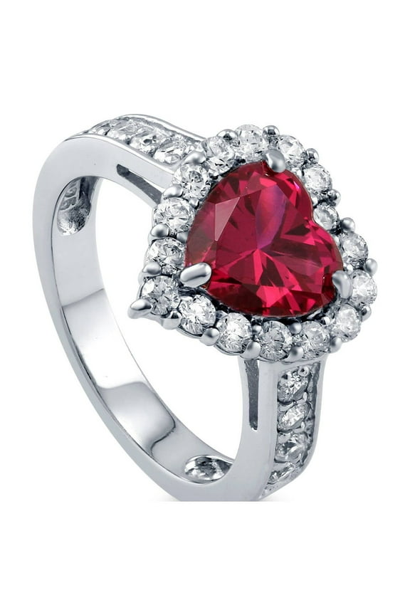 Sterling Silver Halo Wedding Engagement Rings Simulated Ruby Heart Shaped Cubic Zirconia CZ Heart Cocktail Ring for Women, Rhodium Plated Size 6