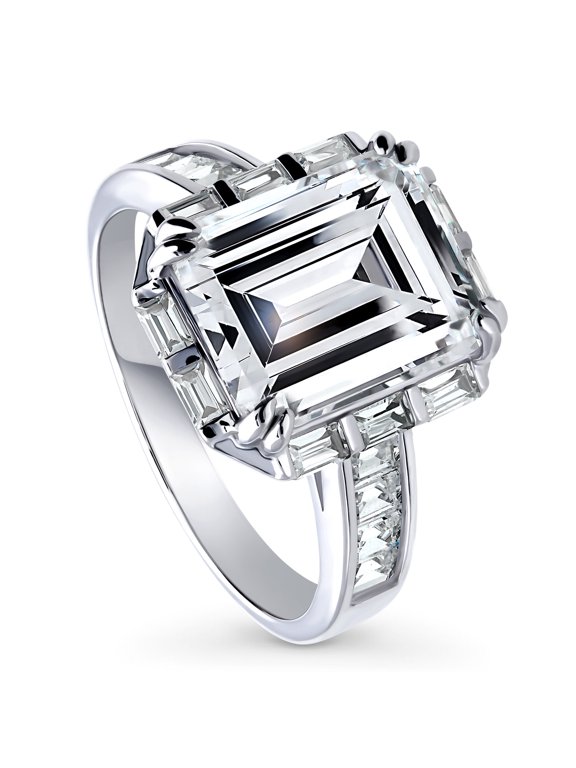 Sterling Silver Halo Wedding Engagement Rings Step Emerald Cut Cubic Zirconia CZ Vintage Inspired Art Deco Ring for Women, Rhodium Plated Size 5