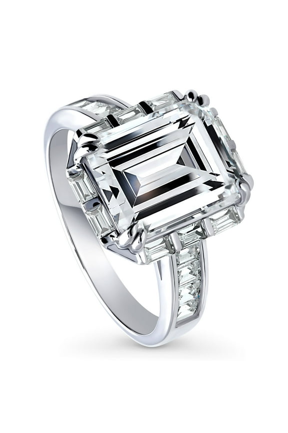 Sterling Silver Halo Wedding Engagement Rings Step Emerald Cut Cubic Zirconia CZ Vintage Inspired Art Deco Ring for Women, Rhodium Plated Size 8.5