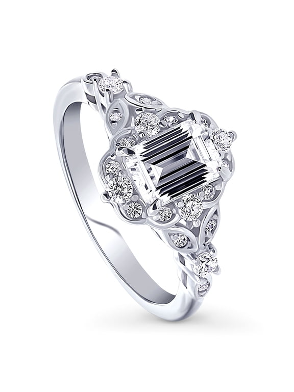 Sterling Silver Halo Wedding Engagement Rings Step Emerald Cut Cubic Zirconia CZ Vintage Inspired Art Deco Ring for Women, Rhodium Plated Size 8.5