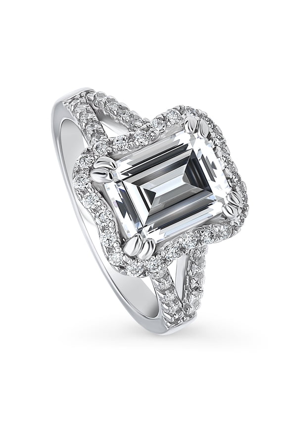 Sterling Silver Halo Wedding Engagement Rings Step Emerald Cut Cubic Zirconia CZ Woven Cocktail Split Shank Ring for Women, Rhodium Plated Size 8