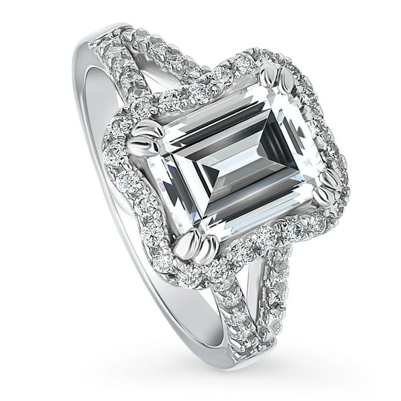 BERRICLE Sterling Silver Halo Wedding Engagement Rings Step Emerald Cut Cubic Zirconia CZ Woven Cocktail Split Shank Ring for Women, Rhodium Plated Size 9