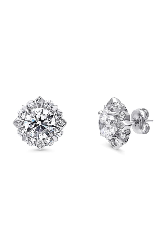 Sterling Silver Halo Wedding Round Cut Cubic Zirconia CZ Flower Anniversary Stud Earrings for Women, Rhodium Plated