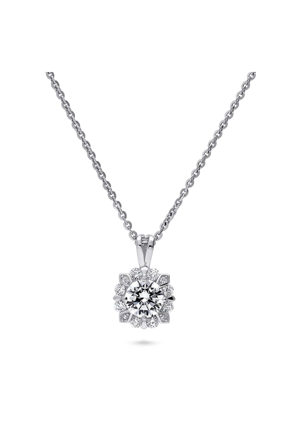 Sterling Silver Halo Wedding Round Cut Cubic Zirconia CZ Flower Medium Anniversary Pendant Necklace for Women, Rhodium Plated 18 inch