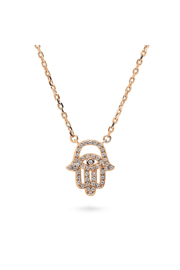 Sterling Silver Hamsa Hand Cubic Zirconia CZ Evil Eye Fashion Pendant Necklace for Women 16 inch, Rose Gold Flashed