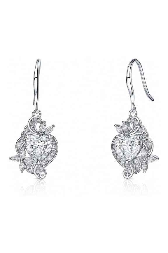 Sterling Silver Heart Flower Fish Hook Drop Dangle Earrings for Women, Cubic Zirconia CZ, Clear