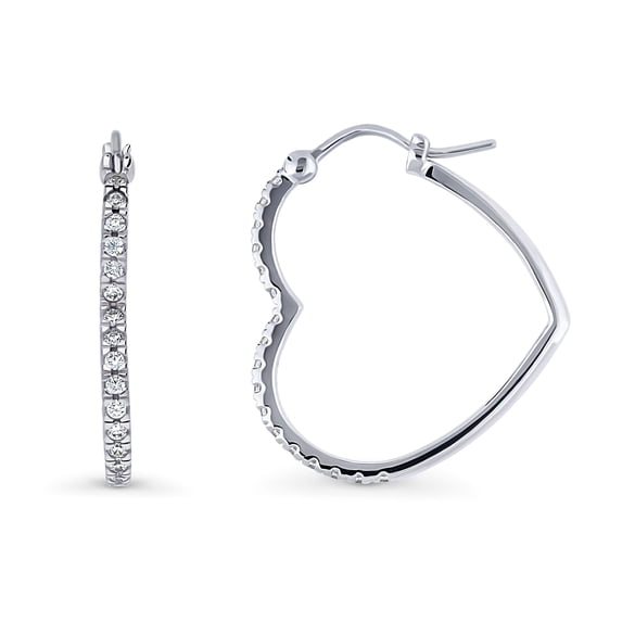 BERRICLE Sterling Silver Heart Cubic Zirconia CZ Medium Fashion Anniversary Hoop Earrings for Women, Rhodium Plated 1 inch