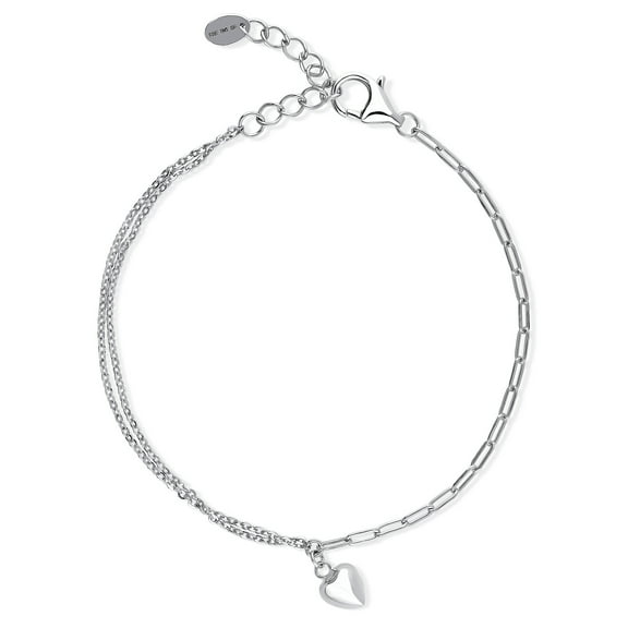 BERRICLE Sterling Silver Heart Paperclip Charm Bracelet for Women 6.5 inch, Rhodium Plated