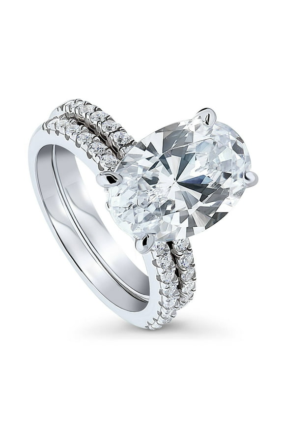 Sterling Silver Solitaire Wedding Engagement Rings 5.5 Carat Oval Cut Cubic Zirconia CZ Hidden Halo Ring Set for Women, Rhodium Plated Size 5.5