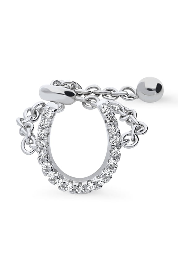 Sterling Silver Horseshoe Cubic Zirconia CZ Fashion Chain Ring for Women, Rhodium Plated