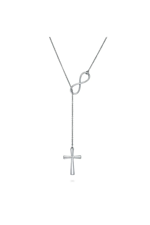 Sterling Silver Infinity Cross Lariat Necklace for Women, Rhodium Plated 17 inch