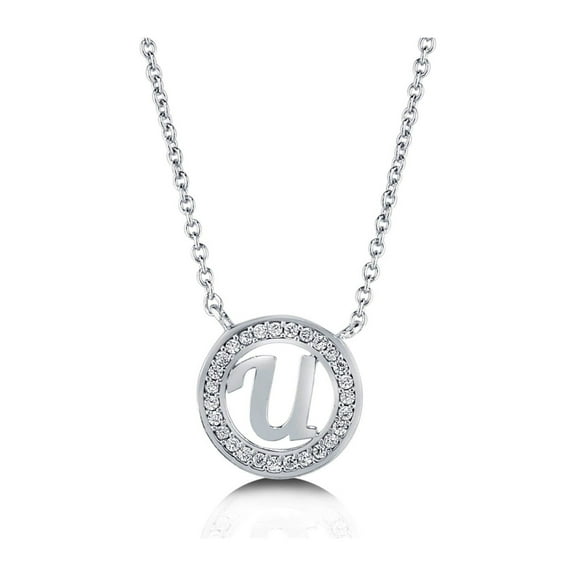 BERRICLE Sterling Silver Initial Letter 'U' Cubic Zirconia CZ Fashion Pendant Necklace for Women, Rhodium Plated 17 inch
