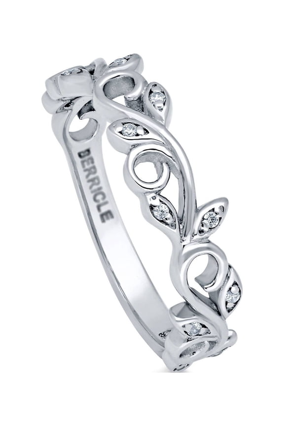 Sterling Silver Leaf Cubic Zirconia CZ Filigree Fashion Ring for Women, Rhodium Plated Size 10