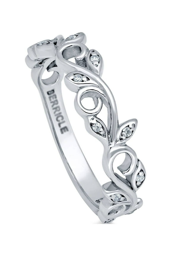 Sterling Silver Leaf Cubic Zirconia CZ Filigree Fashion Ring for Women, Rhodium Plated Size 4