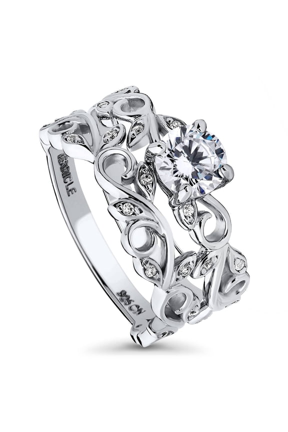 Sterling Silver Leaf Wedding Engagement Rings 0.8 Carat Cubic Zirconia CZ Solitaire Ring Set for Women, Rhodium Plated Size 7
