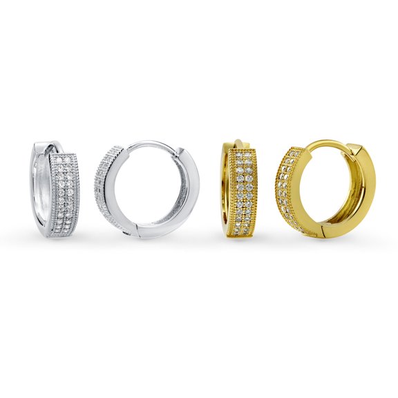 BERRICLE Sterling Silver Milgrain Cubic Zirconia CZ Fashion Hoop Huggie Earrings for Unisex, Rhodium Plated and Yellow Gold Flashed, 2 Pairs