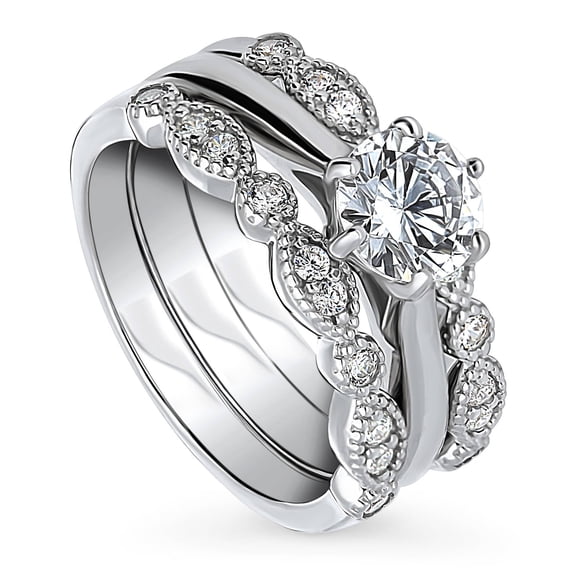BERRICLE Sterling Silver Milgrain Wedding Engagement Rings 1 Carat Cubic Zirconia CZ Solitaire Ring Set for Women, Rhodium Plated Size 4.5