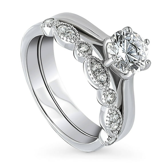 BERRICLE Sterling Silver Milgrain Wedding Engagement Rings 1 Carat Cubic Zirconia CZ Solitaire Ring Set for Women, Rhodium Plated Size 6