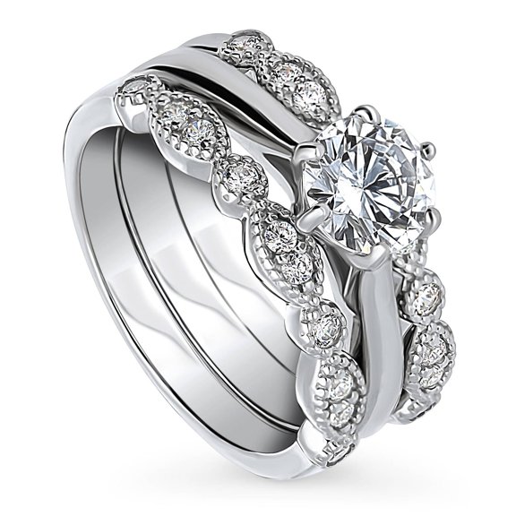 BERRICLE Sterling Silver Milgrain Wedding Engagement Rings 1 Carat Cubic Zirconia CZ Solitaire Ring Set for Women, Rhodium Plated Size 8