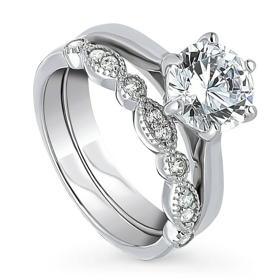 BERRICLE Sterling Silver Milgrain Wedding Engagement Rings 2 Carat Cubic Zirconia CZ Solitaire Ring Set for Women, Rhodium Plated Size 9