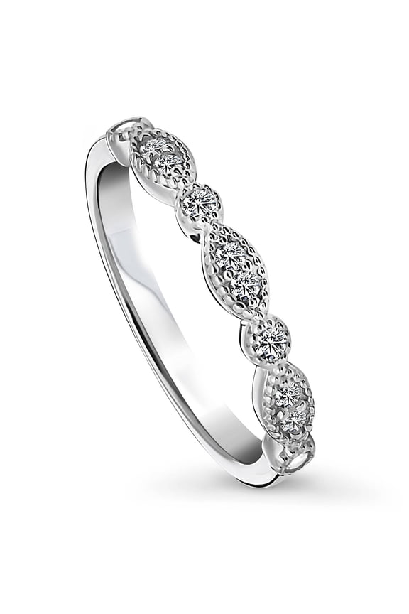 Sterling Silver Milgrain Wedding Rings Crown Set Round Cut Cubic Zirconia CZ Vintage Inspired Art Deco Half Eternity Ring for Women, Rhodium Plated Size 5